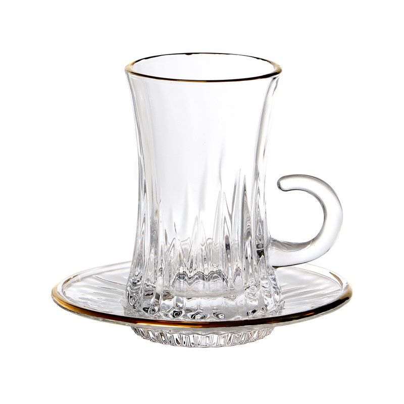 סט 6 כוסות אספרסו - זכוכית פסים שקופה ותחתיות פס זהב 80 מ"ל