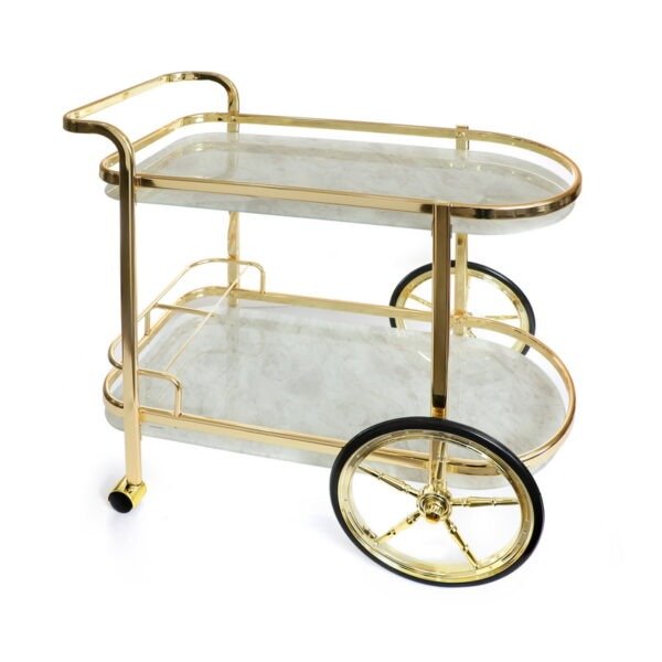עגלת משקאות זהב עם שיש לבן גלגל גדול + מדפי זכוכית 82X41