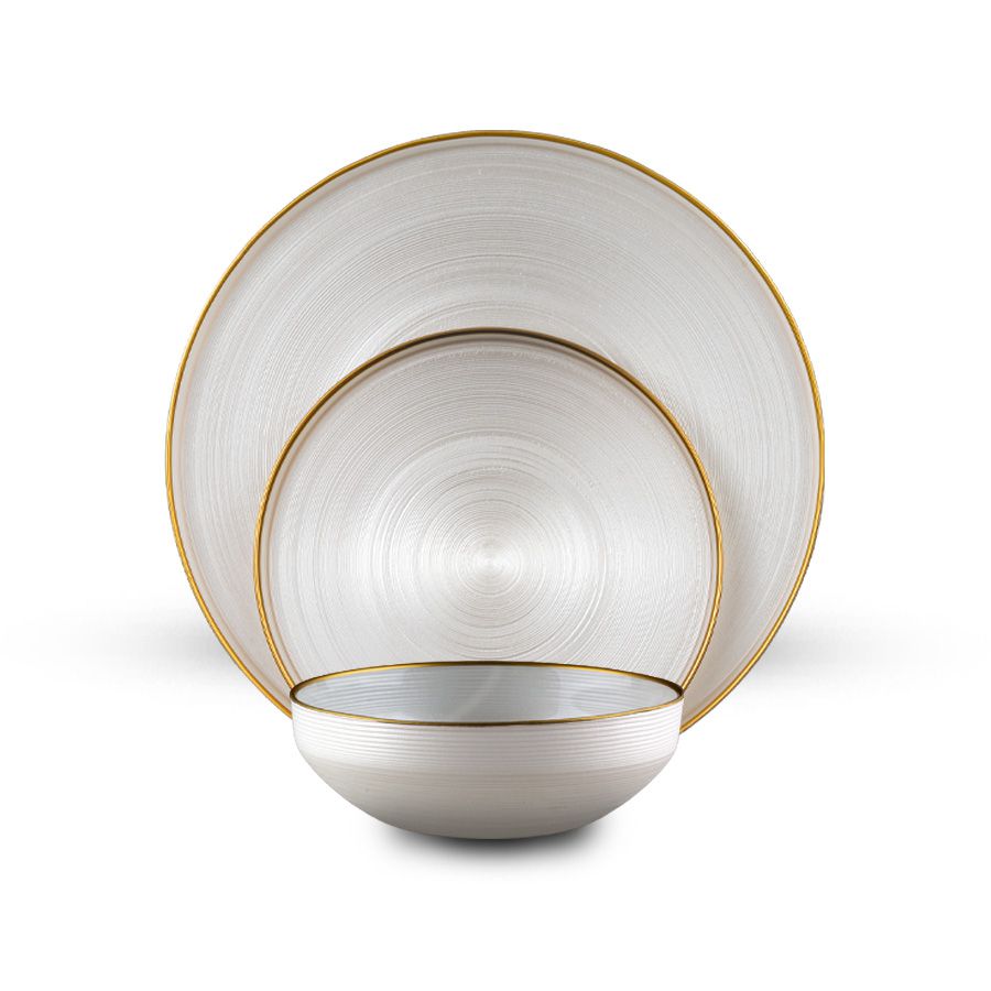 סט צלחות אוכל 18 חלקים - זכוכית GLAMOUR לבן פנינה עם פס זהב