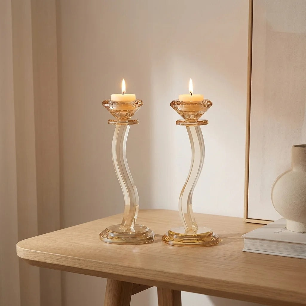 זוג פמוט - קריסטל תחתית וקנים אמבר מהודרים 22 ס"מ