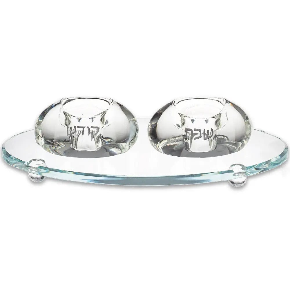 זוג פמוט - קריסטל 4 ס"מ עם מגש קריסטל 24 ס"מ