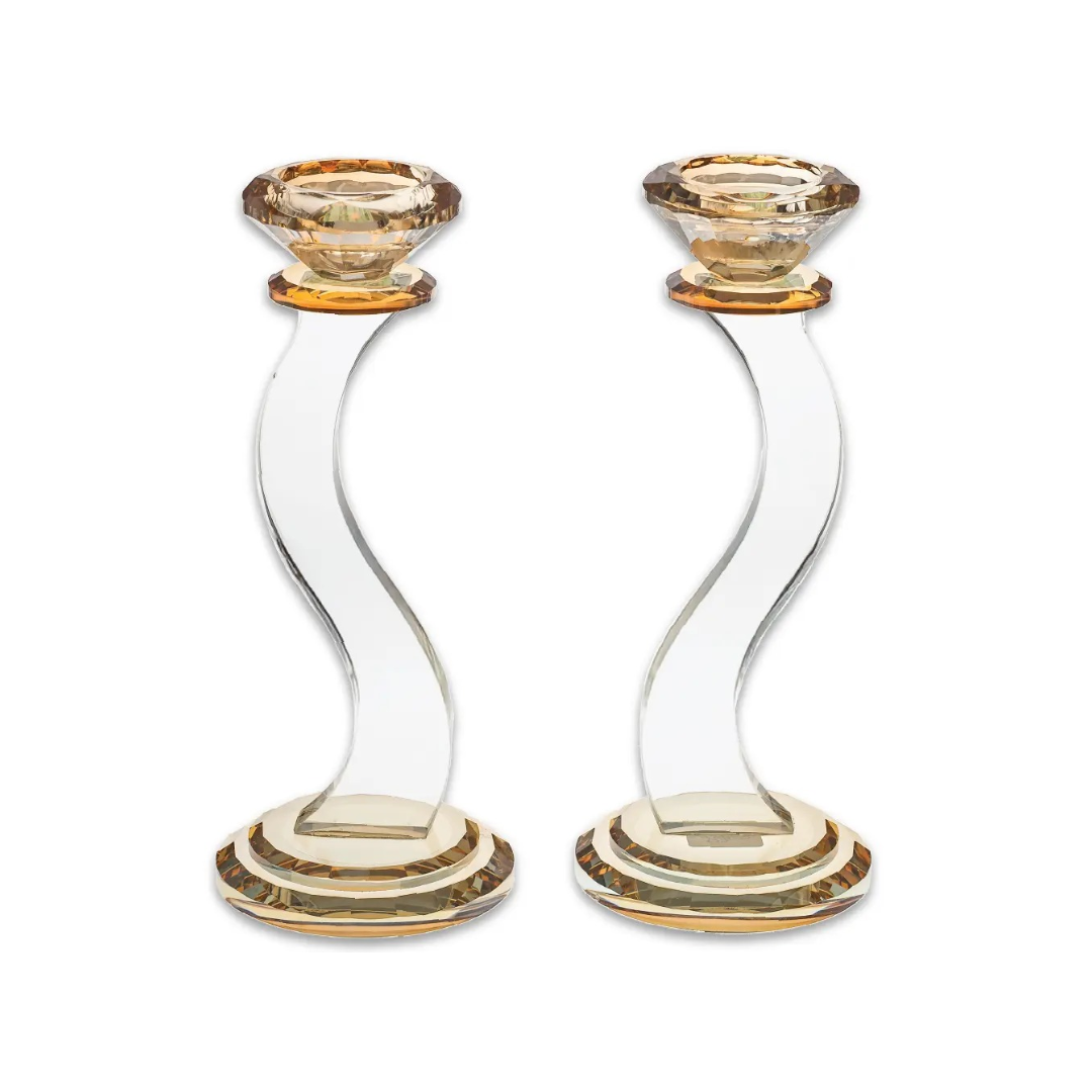 זוג פמוט - קריסטל תחתית וקנים אמבר מהודרים 22 ס"מ