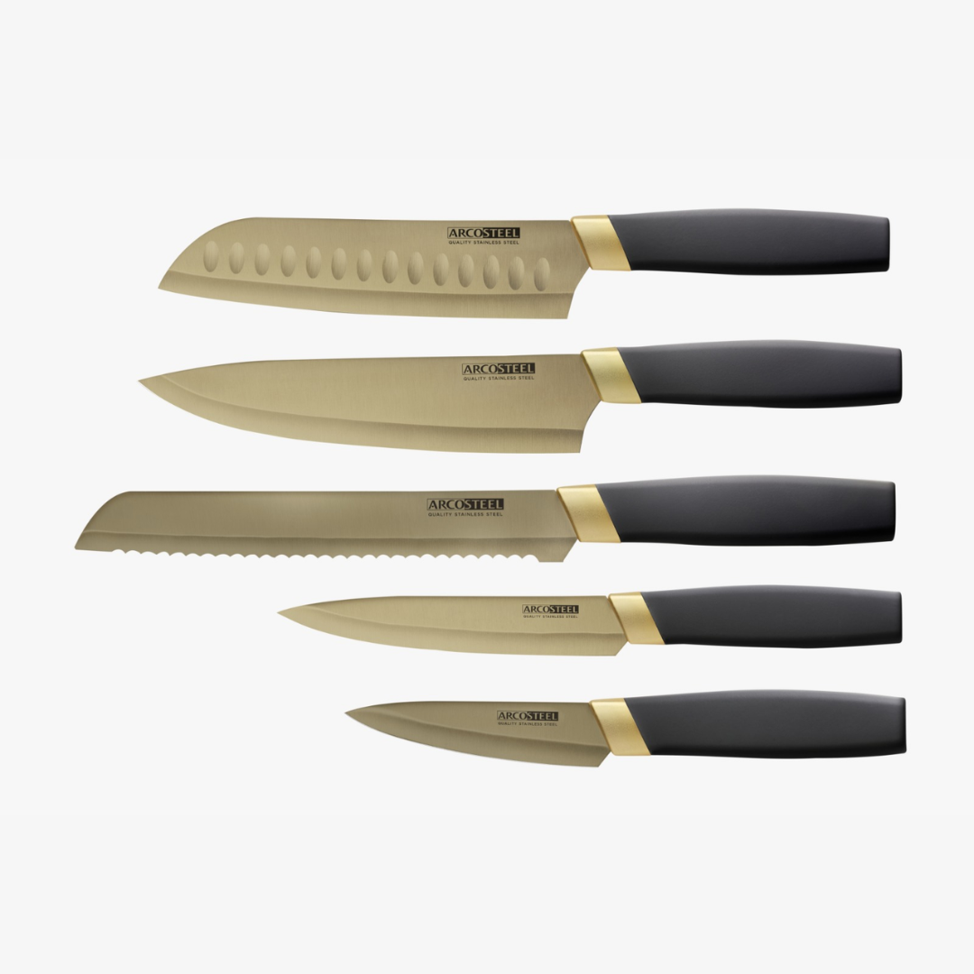 סט 5 חלקים - סכיני שף זהב סנטוקו וחלק ARCOSTEEL