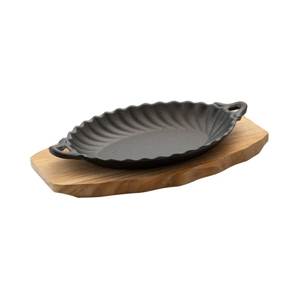 צלחת אובלית ידיות יציקת ברזל עם תחתית עץ 23X17 ס"מ CutterPeeler