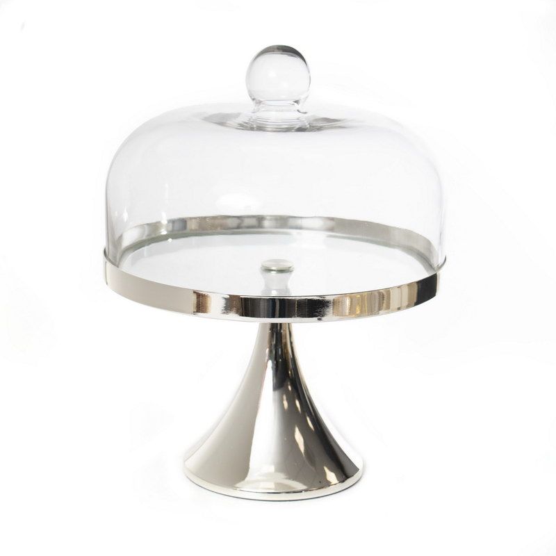 בית עוגה - זכוכית עגול על רגל ניקל כסף ופעמון זכוכית 25X33 ס"מ