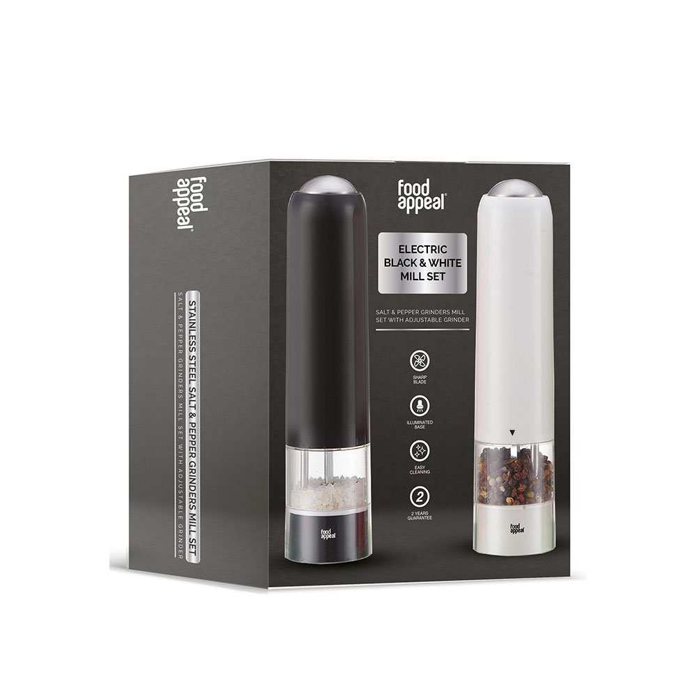 מארז מהודר זוג מטחנות מלח/פלפל חשמליות שחור/לבן KITCHENWARE