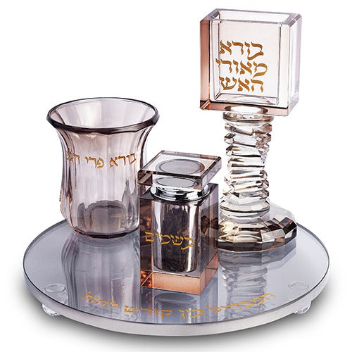 סט הבדלה-קריסטל רוז גולד עם מגש שחור עגול 20 ס"מ