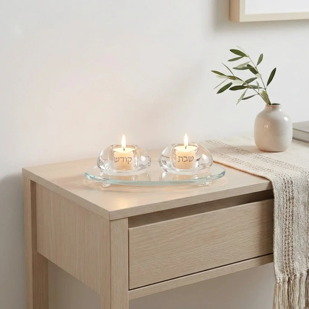 זוג פמוט - קריסטל 4 ס"מ עם מגש קריסטל 24 ס"מ