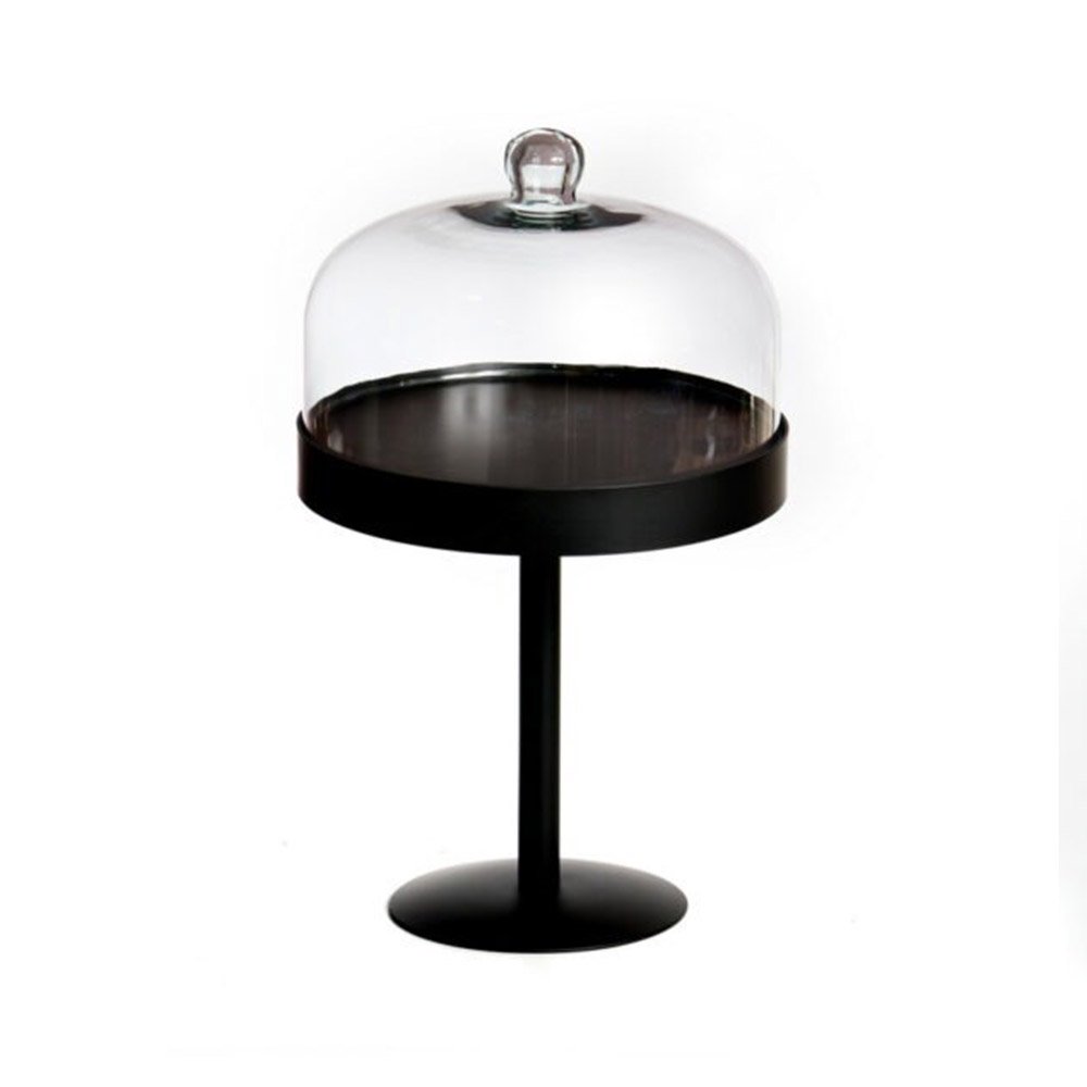 בית עוגה עגול מתכת שחור מט על רגל צרה + פעמון זכוכית 25*42 ס"מ