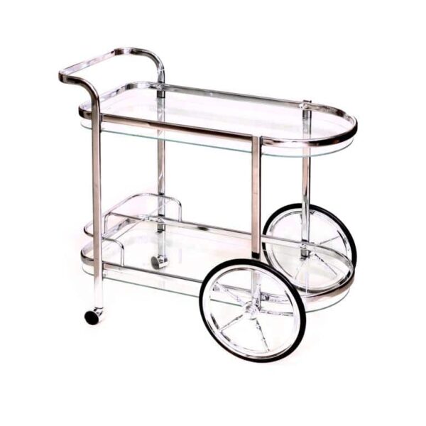 עגלת משקאות כסף ניקל עם שיש שחור גלגל גדול + מדפי זכוכית 82X41