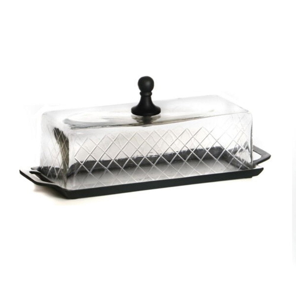 בית עוגה אינגליש מלבני מתכת שחורה + פעמון זכוכית שקוף 20*44