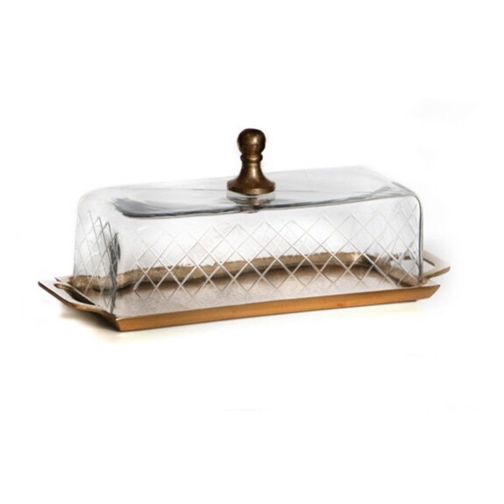 בית עוגה אינגליש מלבני מתכת זהב + פעמון זכוכית שקוף 20*44