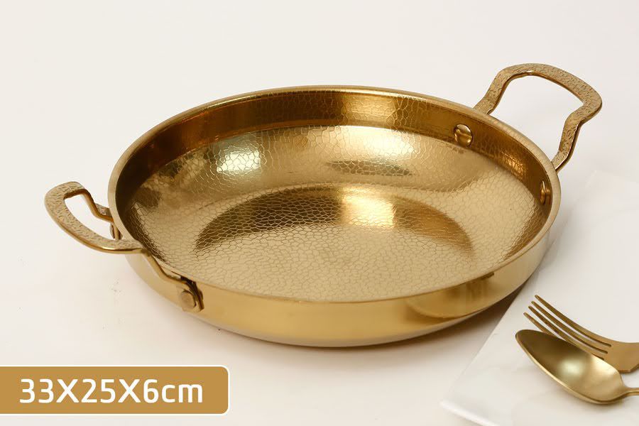 מחבת הגשה נירוסטה זהב מרוקעת 2 ידיות - 33X25X6 ס"מ