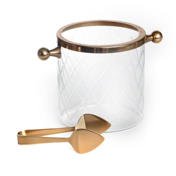 דלי קרח זכוכית ומלקחיים - בסיס זהב קוטר 15 גובה 19.5 ס”מ