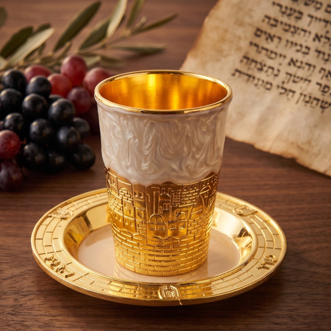 כוס קידוש - חזון ירושלים זהב ואמייל 8 ס"מ