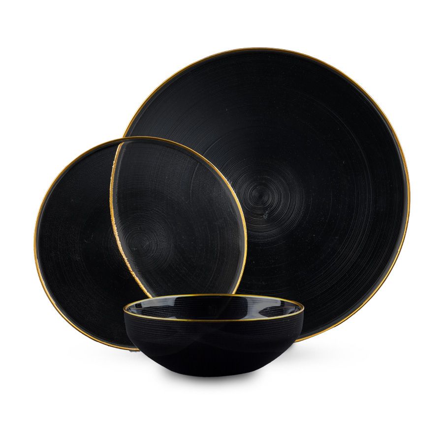 סט צלחות אוכל 18 חלקים - זכוכית GLAMOUR שחור פס זהב