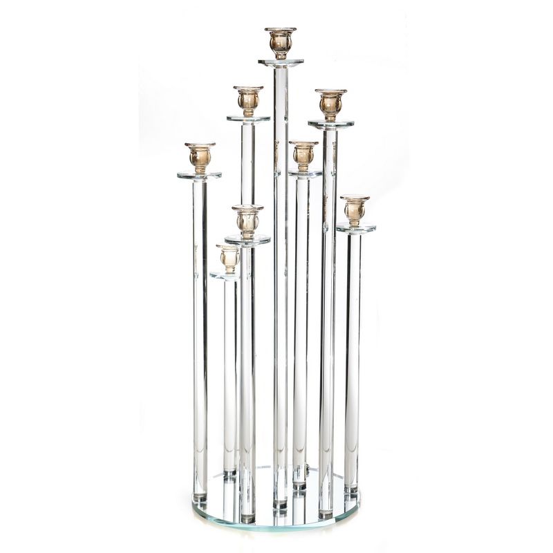 פמוטי 9 קנים - קריסטל ענבר על מגש מראה עגול