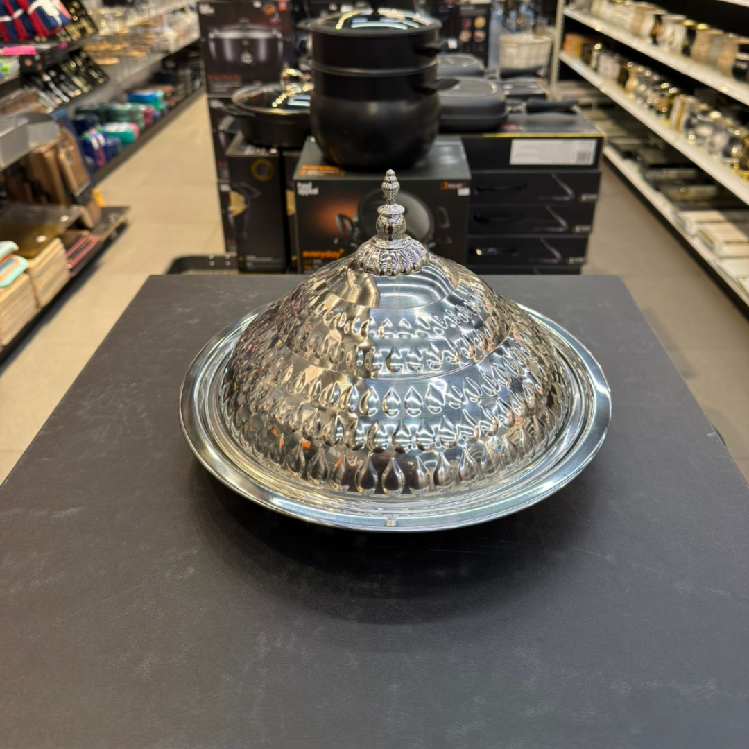 קערת הגשה טאג׳ין נירוסטה כסף + מכסה 30 ס״מ