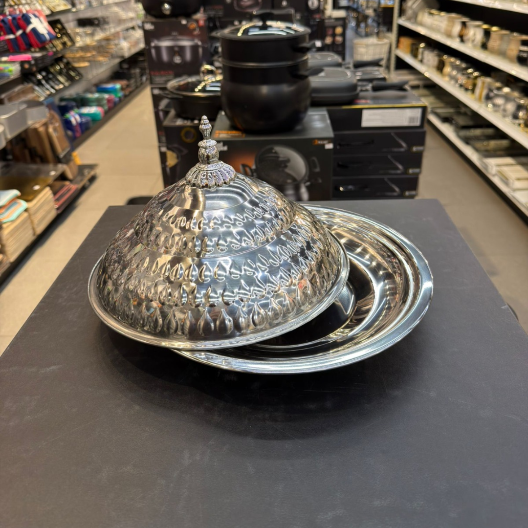 קערת הגשה טאג׳ין נירוסטה כסף + מכסה 30 ס״מ