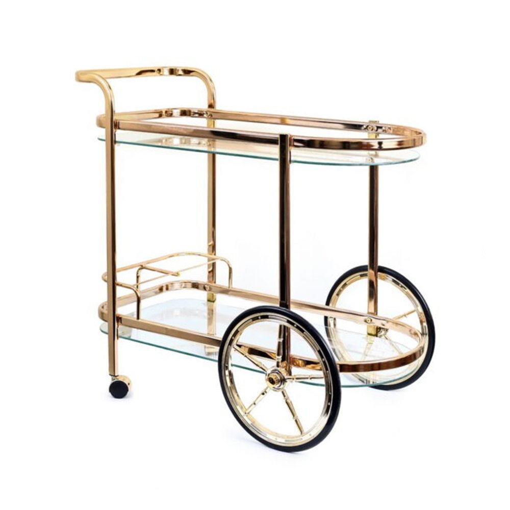 עגלת משקאות זהב גלגל גדול + מדפי זכוכית 76X34