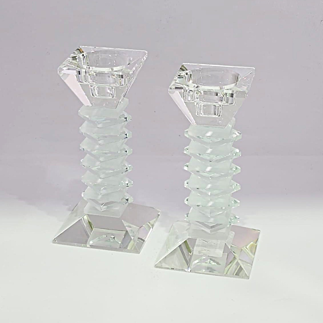 זוג פמוט - קריסטל פרמידה חלבי מדורג מט 16 ס"מ