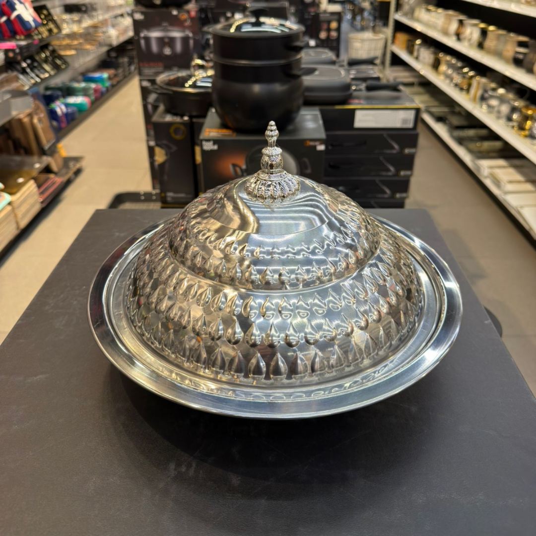 קערת הגשה טאג׳ין נירוסטה כסף + מכסה 35 ס״מ