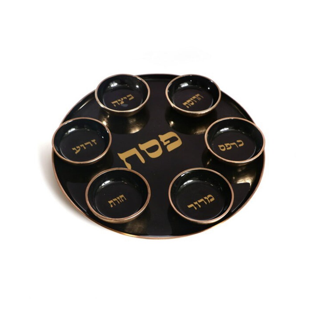 מגש קערה לפסח - אלומיניום אמייל שחור זהב 37 ס"מ