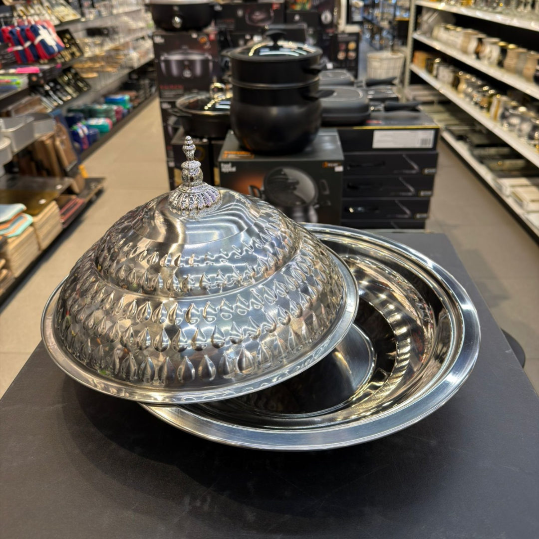 קערת הגשה טאג׳ין נירוסטה כסף + מכסה 35 ס״מ