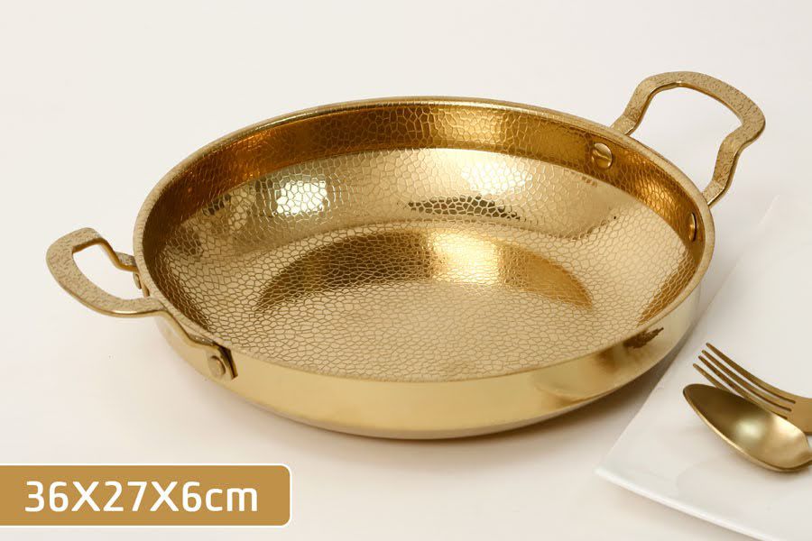 מחבת הגשה נירוסטה זהב מרוקעת 2 ידיות - 36X27X6 ס"מ