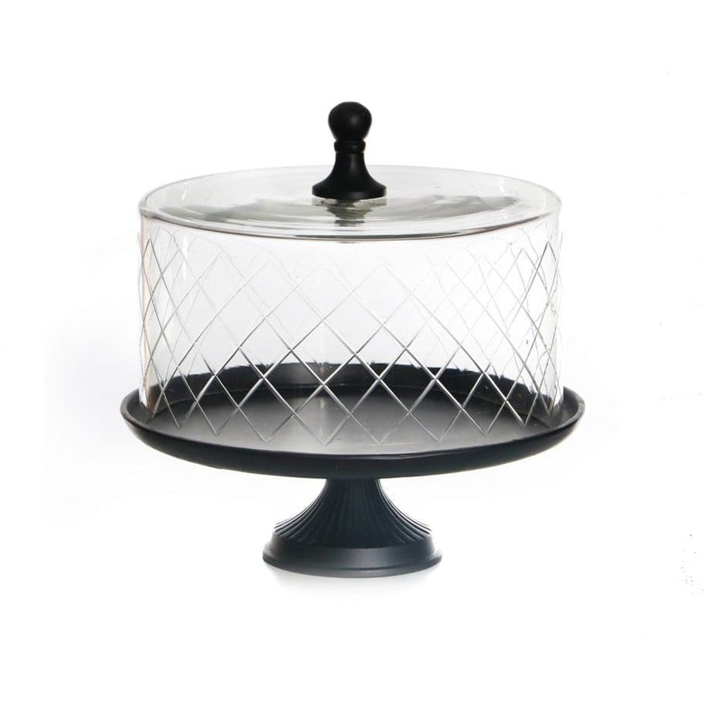 בית עוגה עגול מגש מתכת שחור + פעמון זכוכית 33 ס"מ