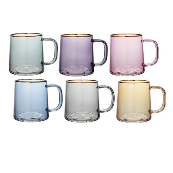 סט 6 ספלים - זכוכית צבעוניים 6 צבעים פס זהב 300 מ”ל