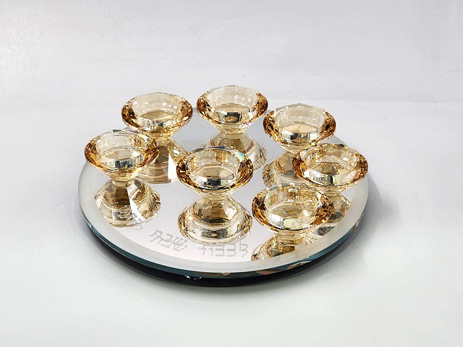 פמוט 7 קנים - שולחני קריסטל פמוטי זהב אמבר 30 ס"מ 'לכבוד שבת קודש'