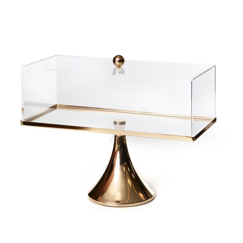 בית עוגה - זכוכית מלבני על רגל זהב ופעמון אקרילי 37X17 גובה 30 ס"מ