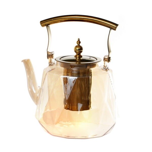 קנקן תה – זכוכית שקופה יהלום מסנן זהב אמבר ידית נירוסטה 1.5 ליטר