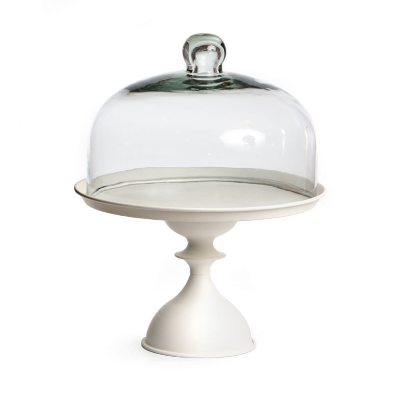 בית עוגה על רגל עגול מתכת לבן מט + פעמון זכוכית 28*22 ס”מ