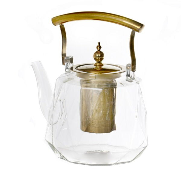 קנקן קומקום תה - זכוכית שקופה מסנן נירוסטה וידית זהב 1.5 ל'