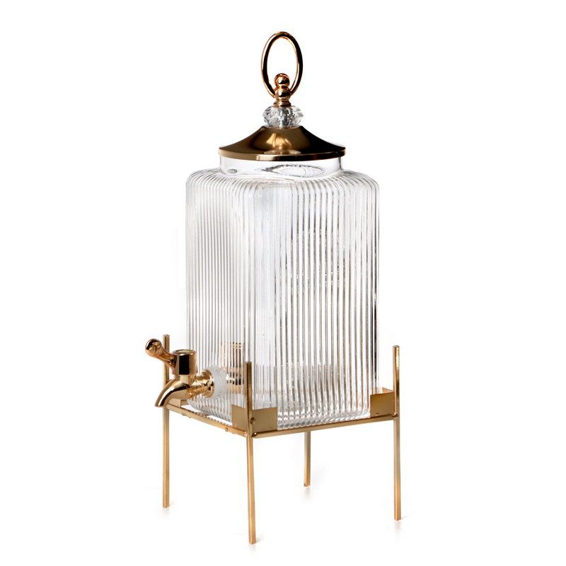 סמובר זכוכית - 2.8 ל' שקופה פסים סטנד מכסה וברז מתכת זהב גובה 38.8 קוטר 10.8 ס"מ