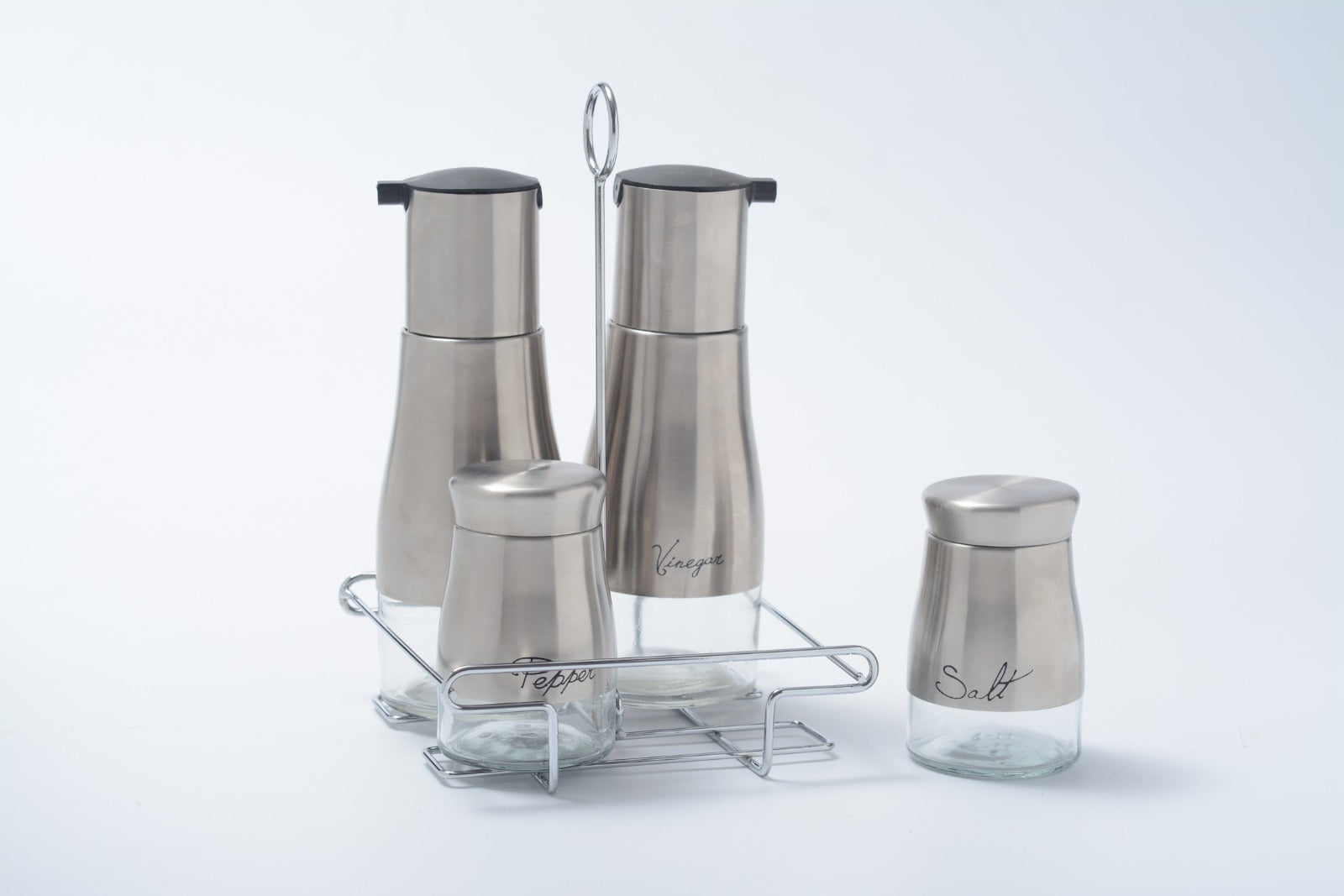סט שמן חומץ מלח פלפל נירוסטה + סטנד