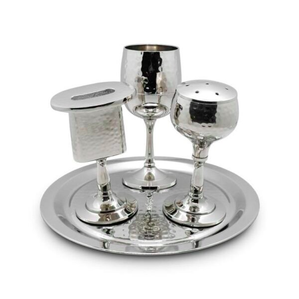 סט הבדלה 3 חלקים - נירוסטה עגול ניקל כסף רקוע על מגש