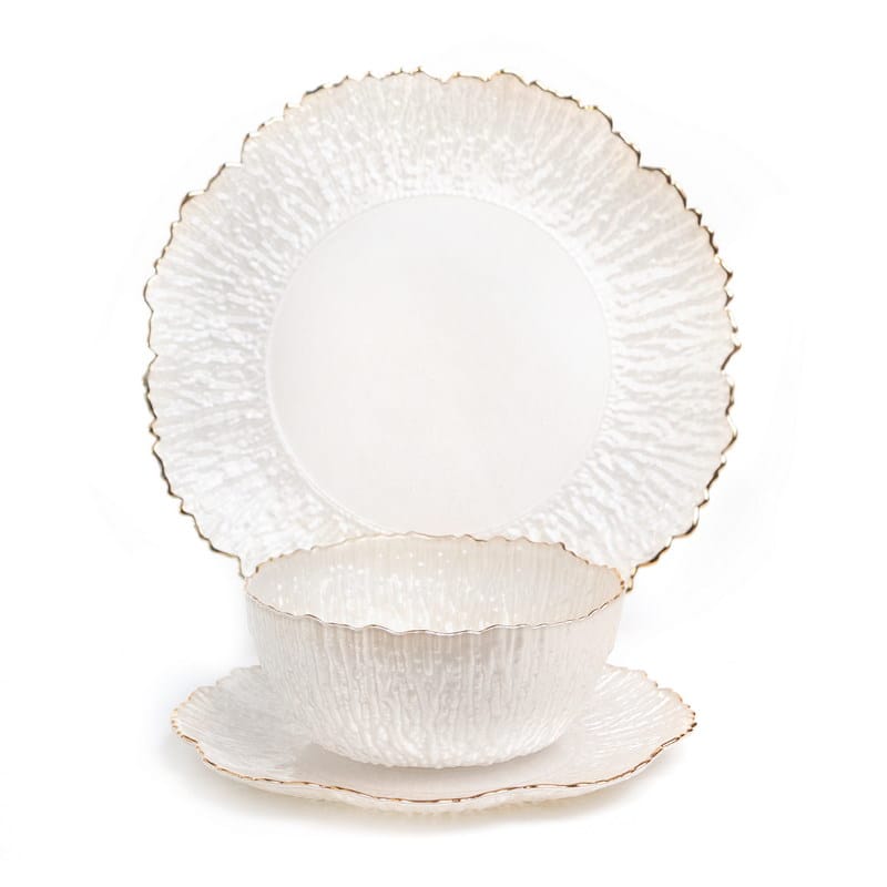 סט צלחות 18 חלקים – זכוכית לבנה פס זהב שוליים מחוספסים ADI