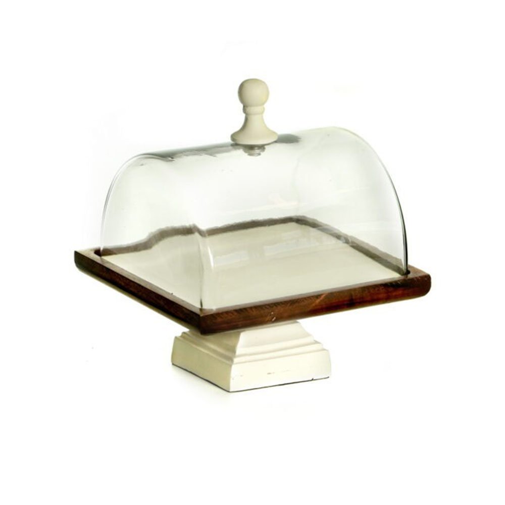 בית עוגה מרובע על רגל אלומיניום לבן + עץ פעמון זכוכית 22 ס”מ