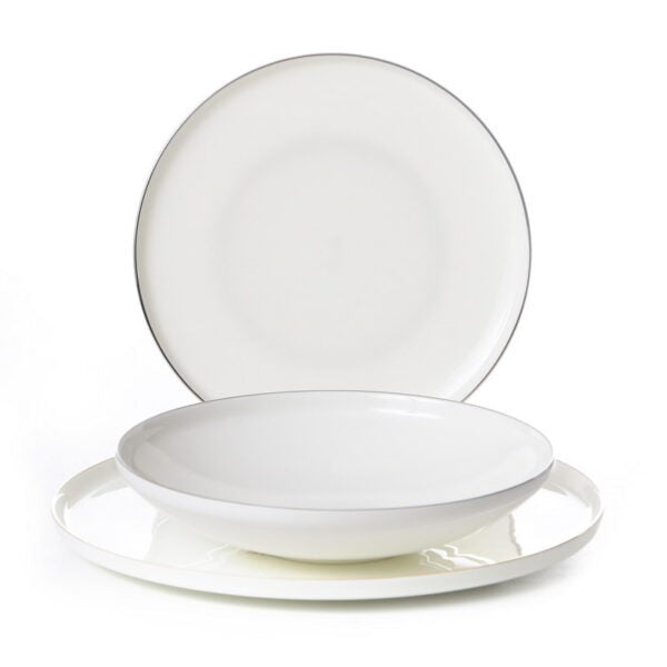 סט צלחות 18 חלקים - דגם Athen לבן פס כסף קטרים 28/20/20 ס”מ Fine Bone China