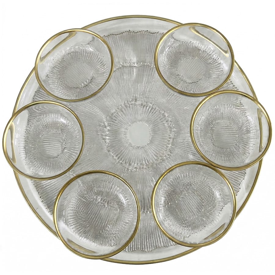 מארז צלחת הגשה 33 ס"מ + 6 קעריות 10 ס"מ זכוכית מעוטרת זהב JIL
