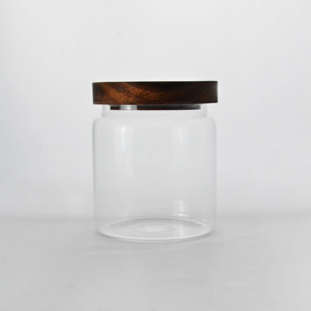 צנצנת אחסון מכסה עץ - 850 מ"ל דגם אופק גובה 14 ס"מ