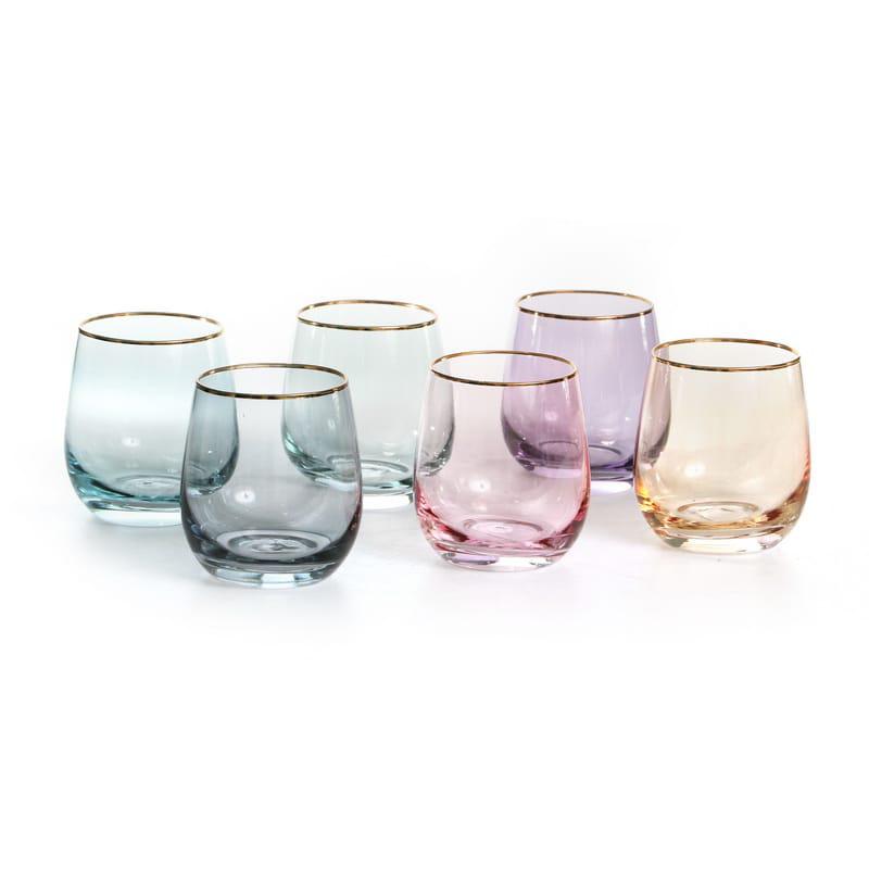 סט 6 כוס שתייה -זכוכית נמוכות 6 צבעים צבעוניים פס זהב 340 מ”ל