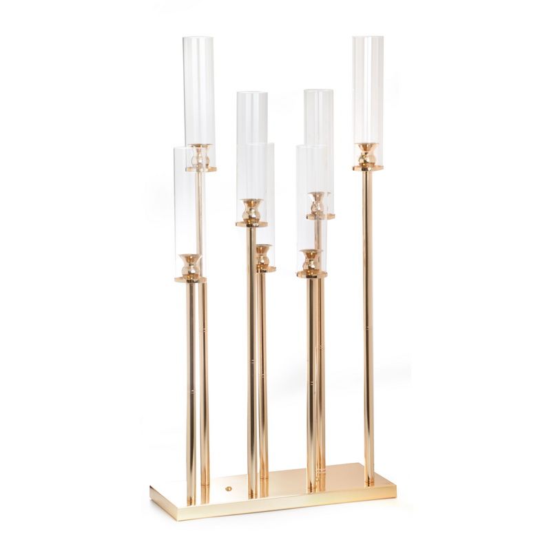 פמוט 7 קנים - זהב על מגש מלבני 45/18 גובה 89 ס"מ