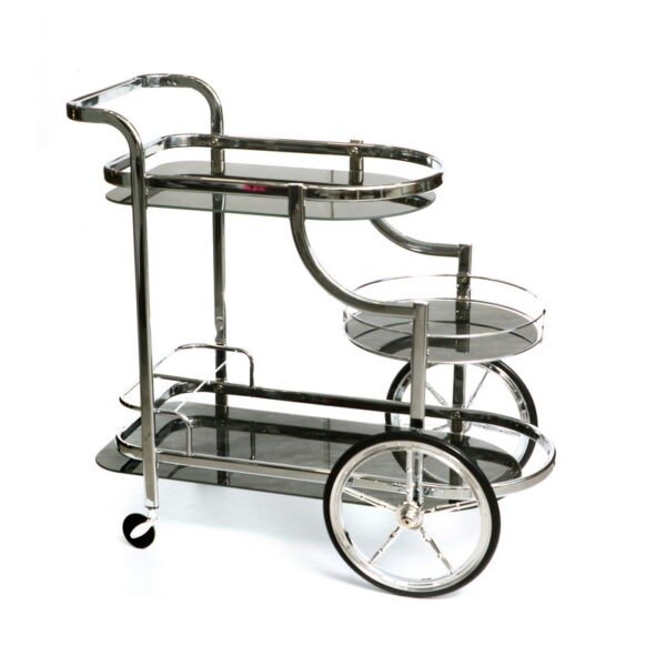 עגלת משקאות - מלבנית מתכת כסף זכוכית שיש שחור