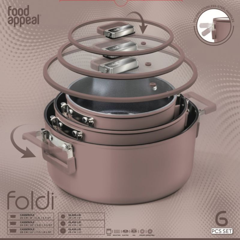 סט סירים 6 חלקים סיר 20/24/28 + 3 מגני סירים FOLDI פודרה מבית Food appeal