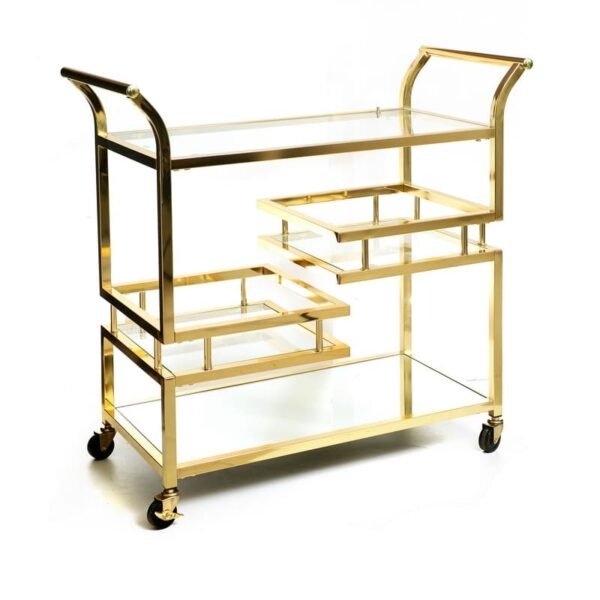 h77 עגלת משקאות - 79/38סמ זהב/מראה 3 מדפי זכוכית/מדף מראה תחתון ומעמד ל6 בקבוקים
