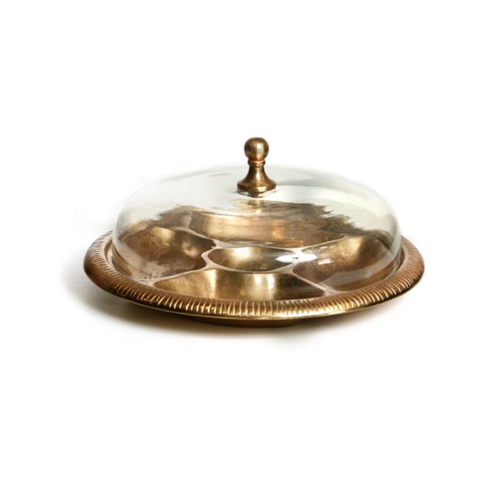 מגש עגול מתכת זהב מחולק ל5 + פעמון זכוכית שקוף